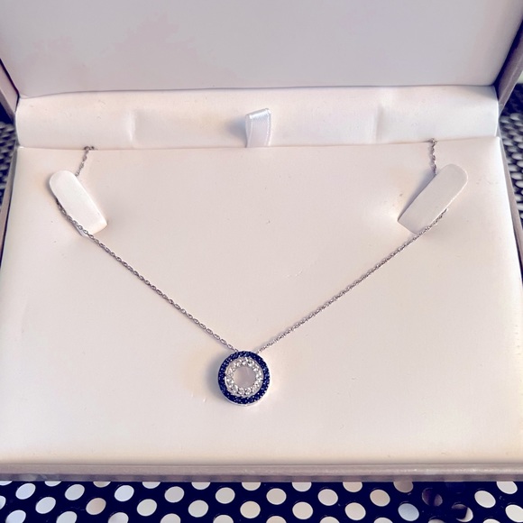 Blue & white diamond circle pendant w/ filagree sides & 9” sterling silver chain - Picture 1 of 6